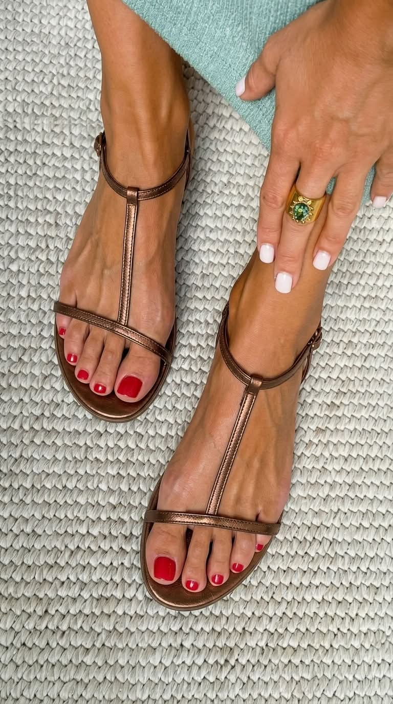 Sandalias de verano metalizadas con tira en T, de tacón bajo y chic