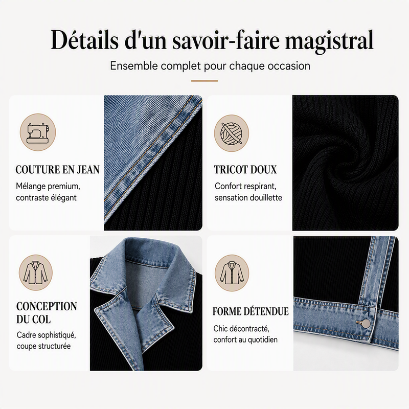 Abrigo de Punto Acanalado Elegante para Mujer con Paneles de Jean
