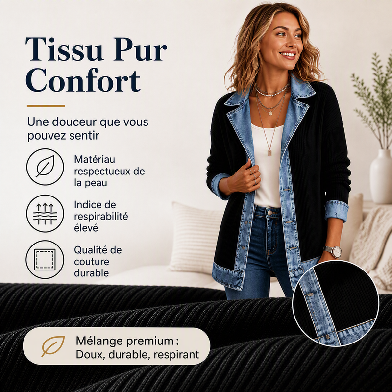 Abrigo de Punto Acanalado Elegante para Mujer con Paneles de Jean