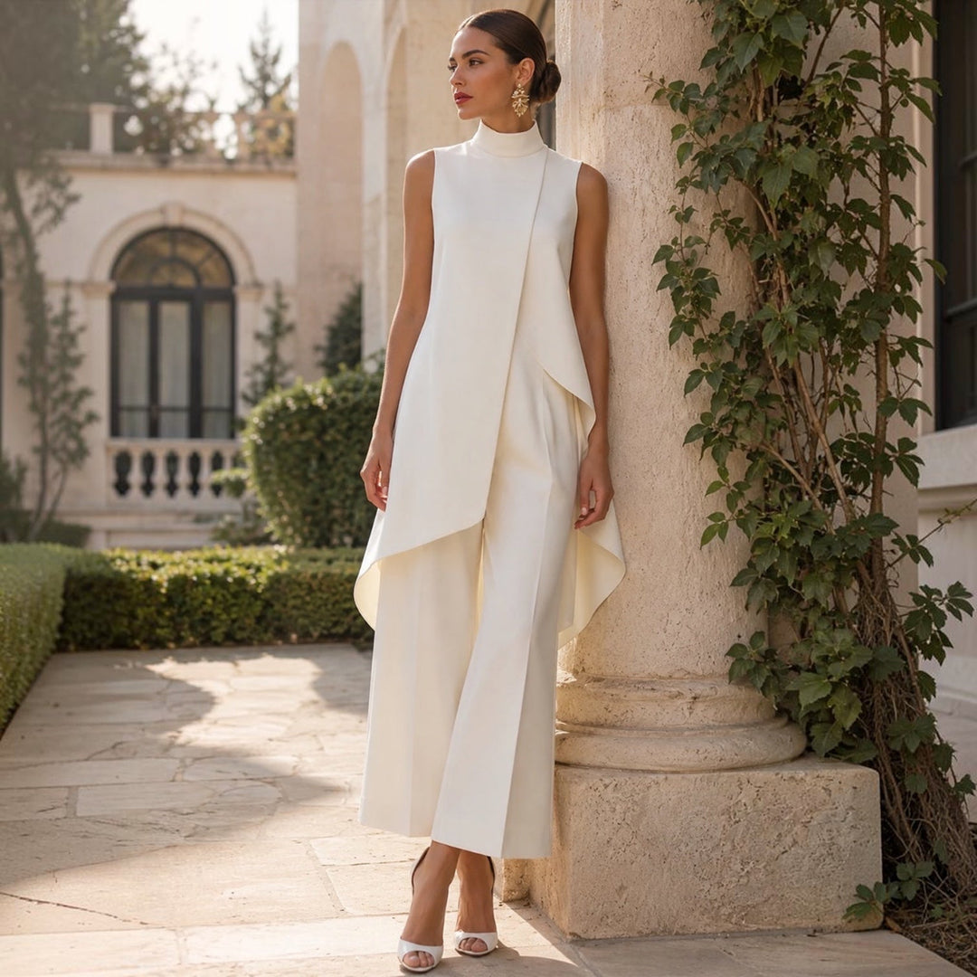 Valentina | Mono elegante con top drapeado y cuello alto