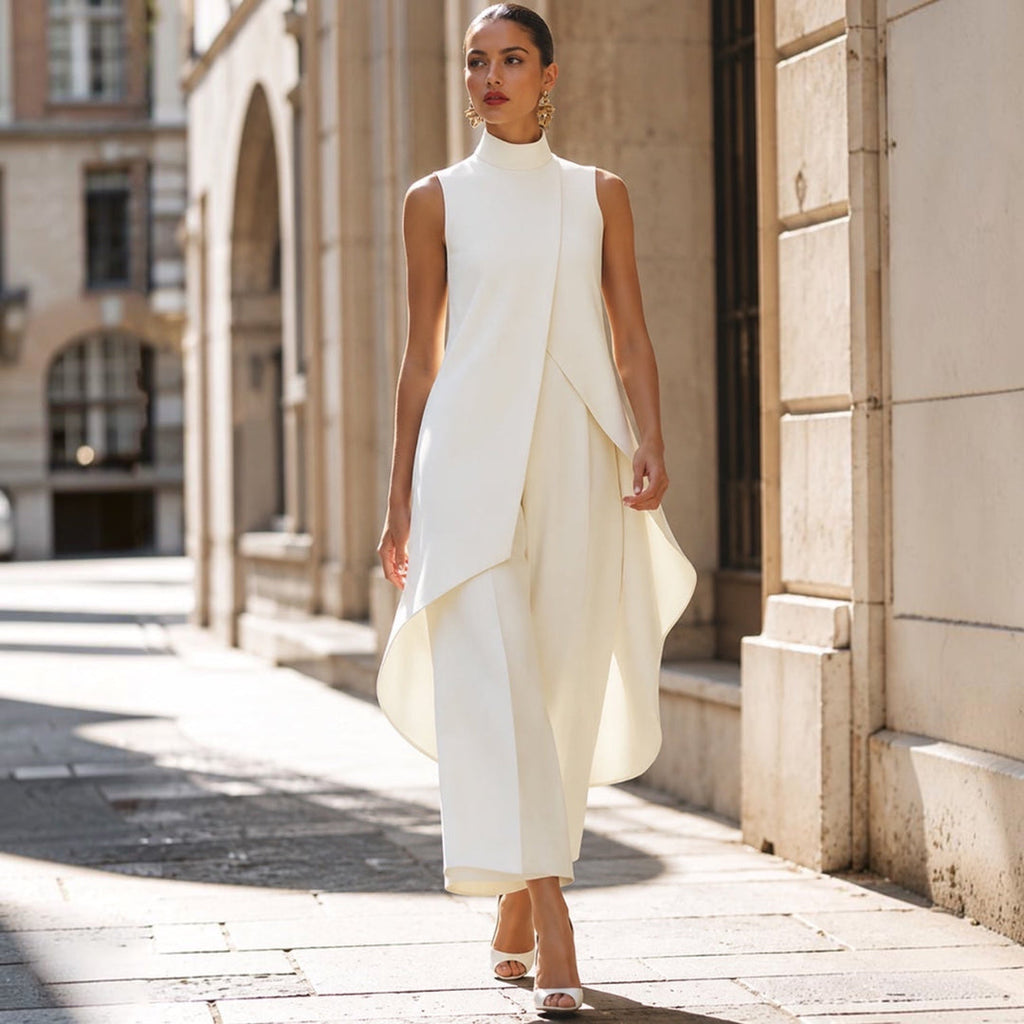 Valentina | Mono elegante con top drapeado y cuello alto