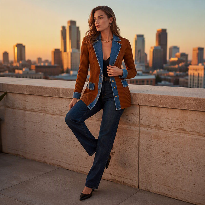 Abrigo de Punto Acanalado Elegante para Mujer con Paneles de Jean
