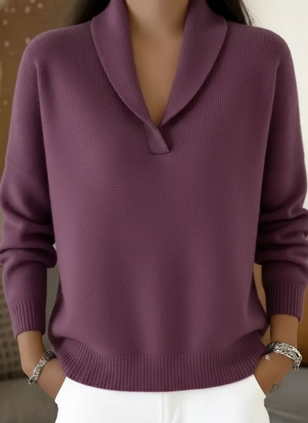 Blanca | Jersey de Cuello en V con Cuello Chal