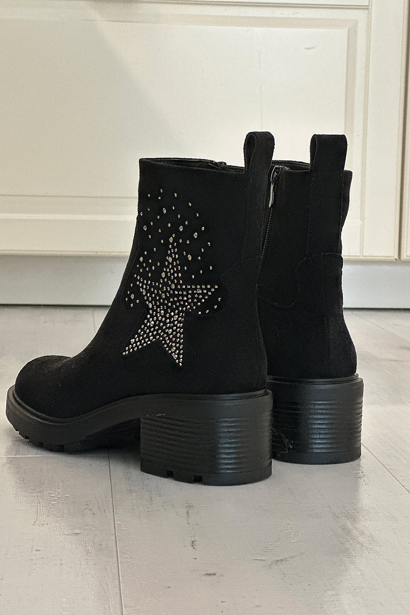Botines negras con tacón dentado y estrella de strass