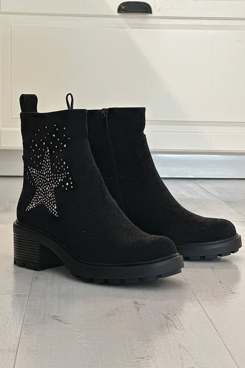 Botines negras con tacón dentado y estrella de strass