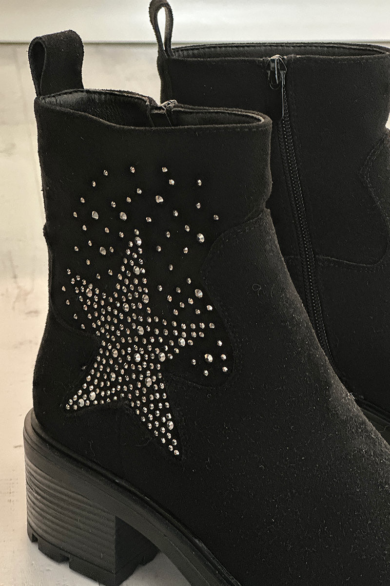 Botines negras con tacón dentado y estrella de strass