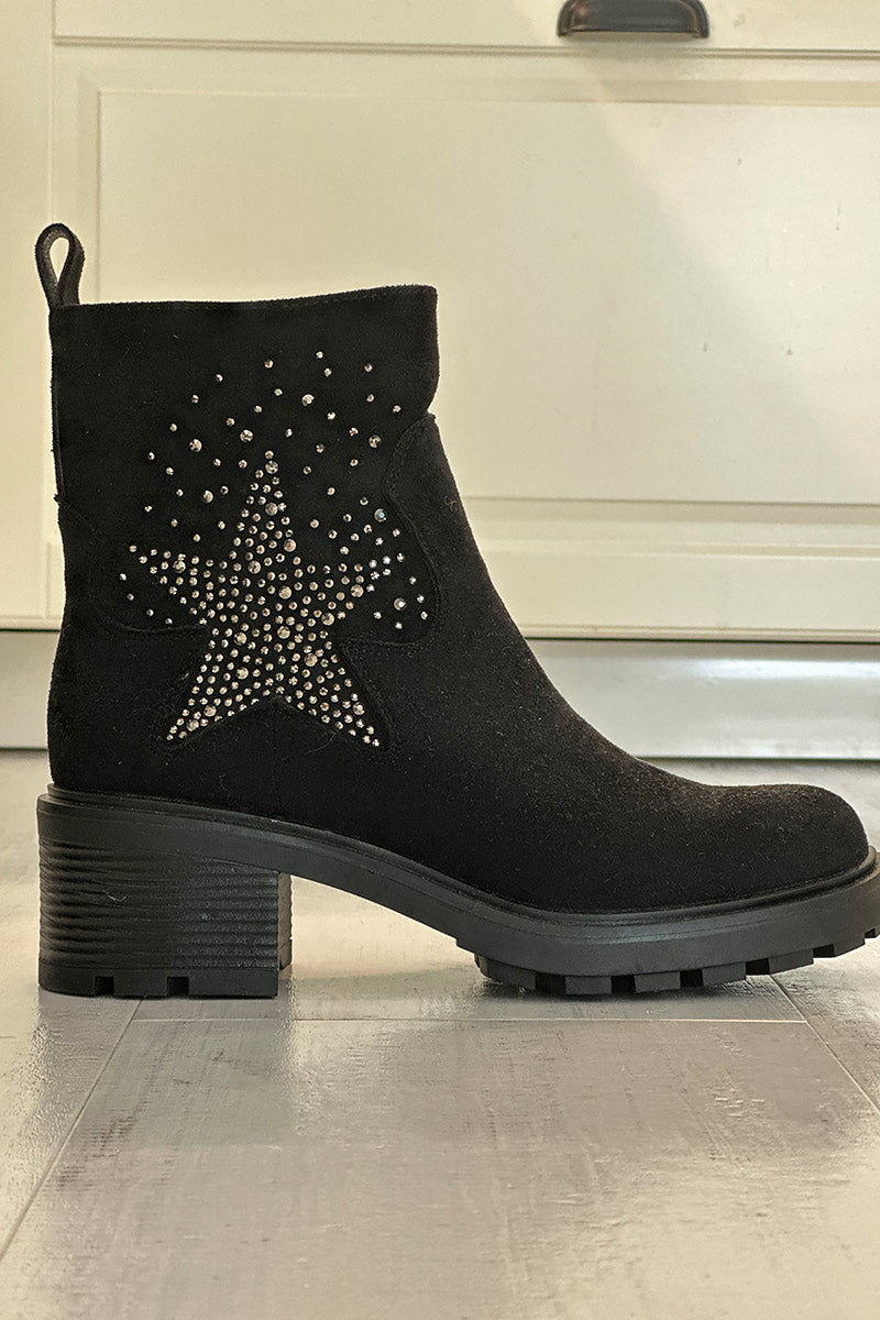 Botines negras con tacón dentado y estrella de strass