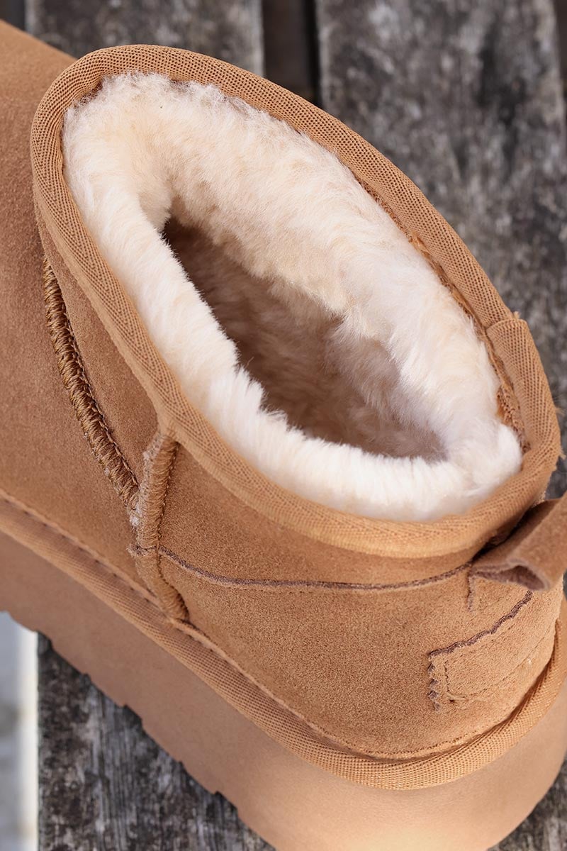Botas camel bajas de cuero forradas con plataforma