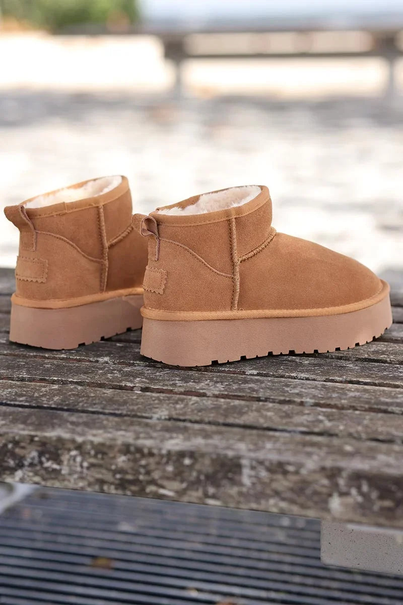 Botas camel bajas de cuero forradas con plataforma