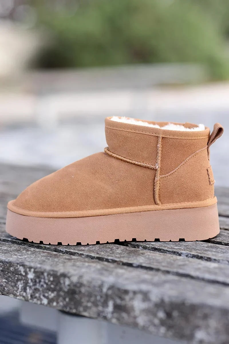 Botas camel bajas de cuero forradas con plataforma