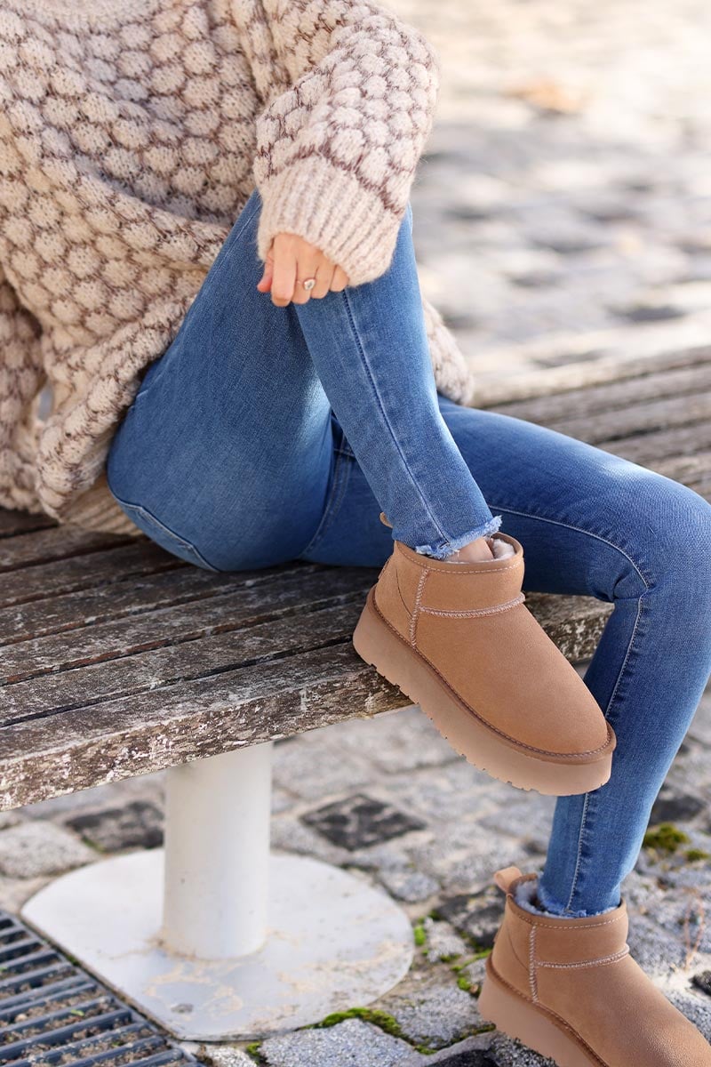 Botas camel bajas de cuero forradas con plataforma