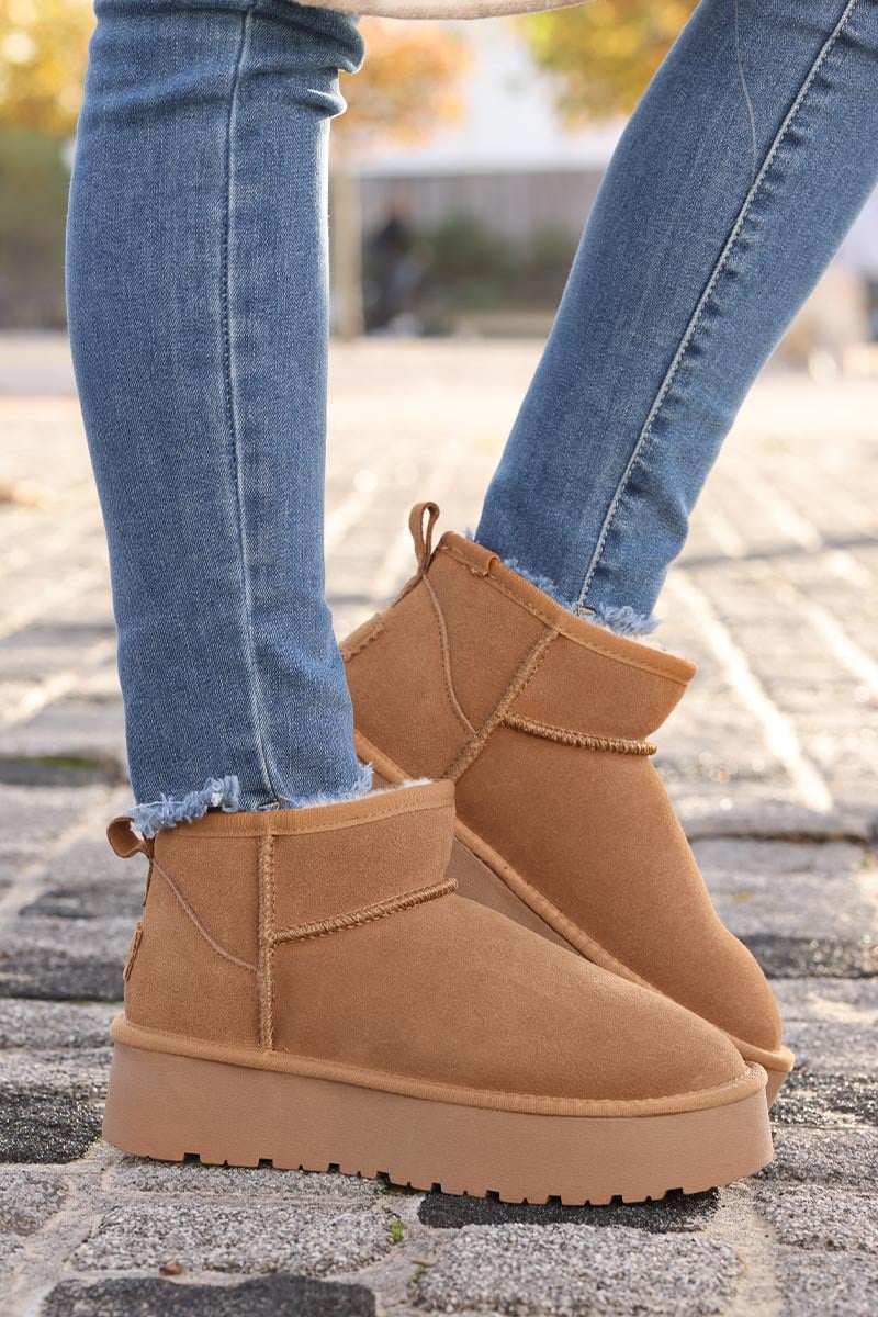 Botas camel bajas de cuero forradas con plataforma