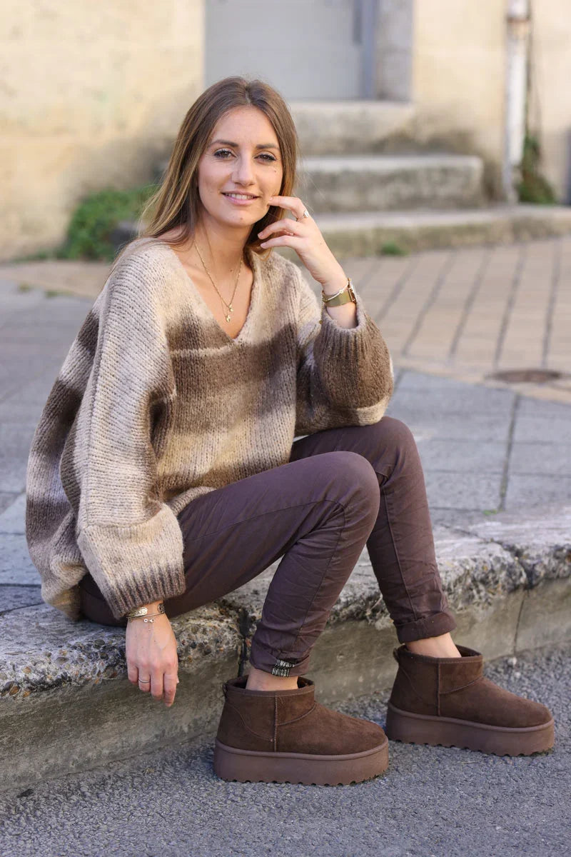 Botas chocolate forradas bajas con plataforma