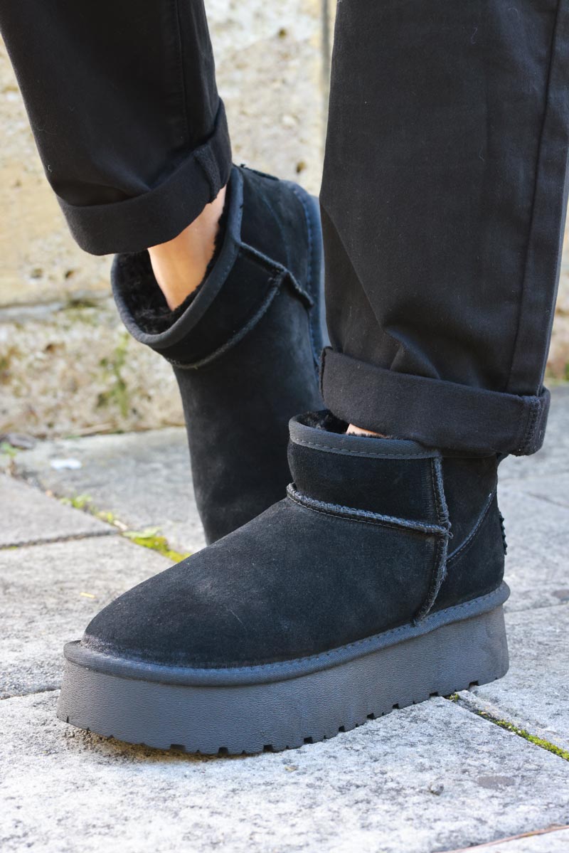 Botas negras bajas de cuero afelpado forradas con plataforma