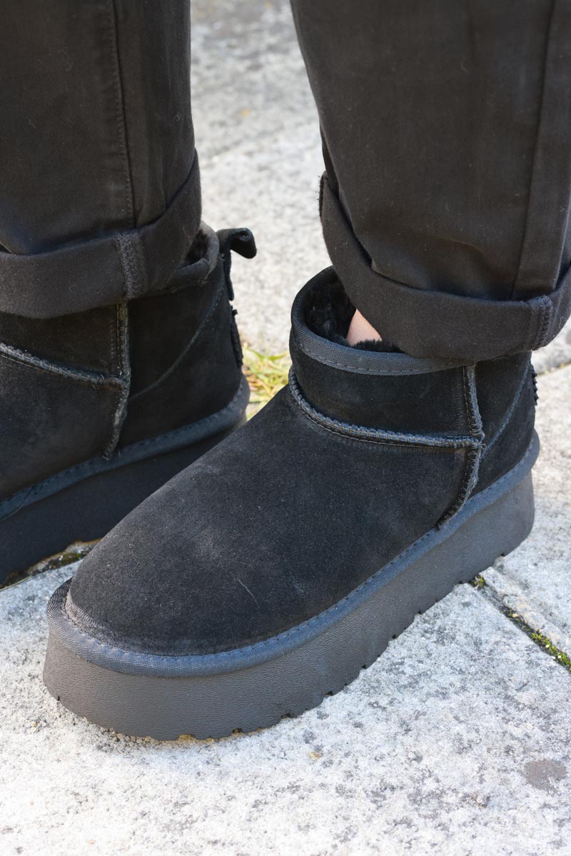 Botas negras bajas de cuero afelpado forradas con plataforma