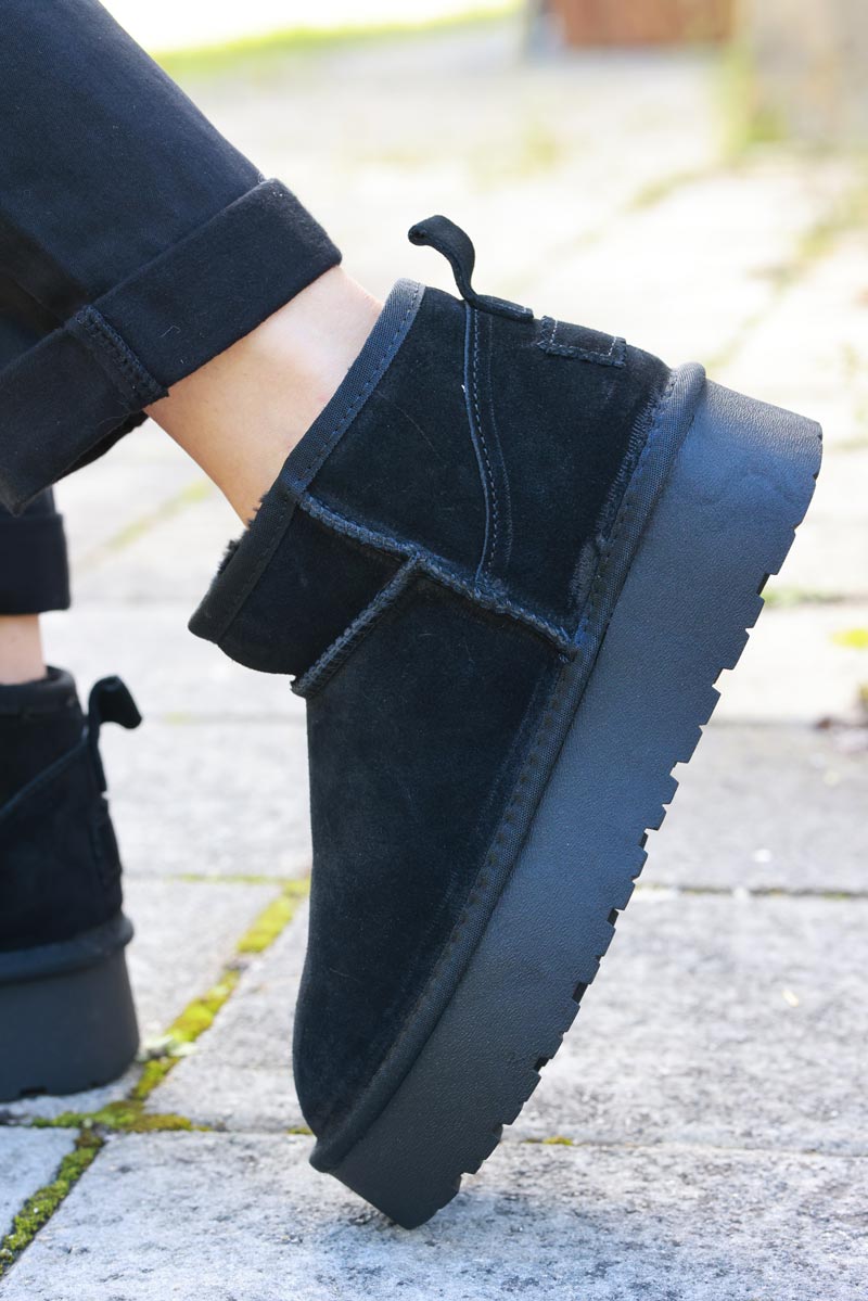 Botas negras bajas de cuero afelpado forradas con plataforma