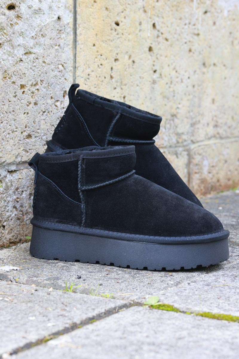 Botas negras bajas de cuero afelpado forradas con plataforma