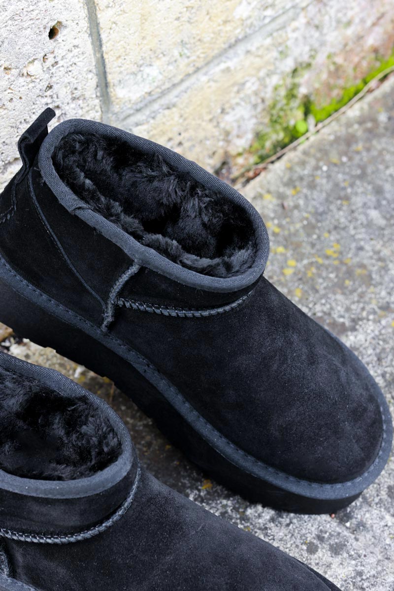 Botas negras bajas de cuero afelpado forradas con plataforma