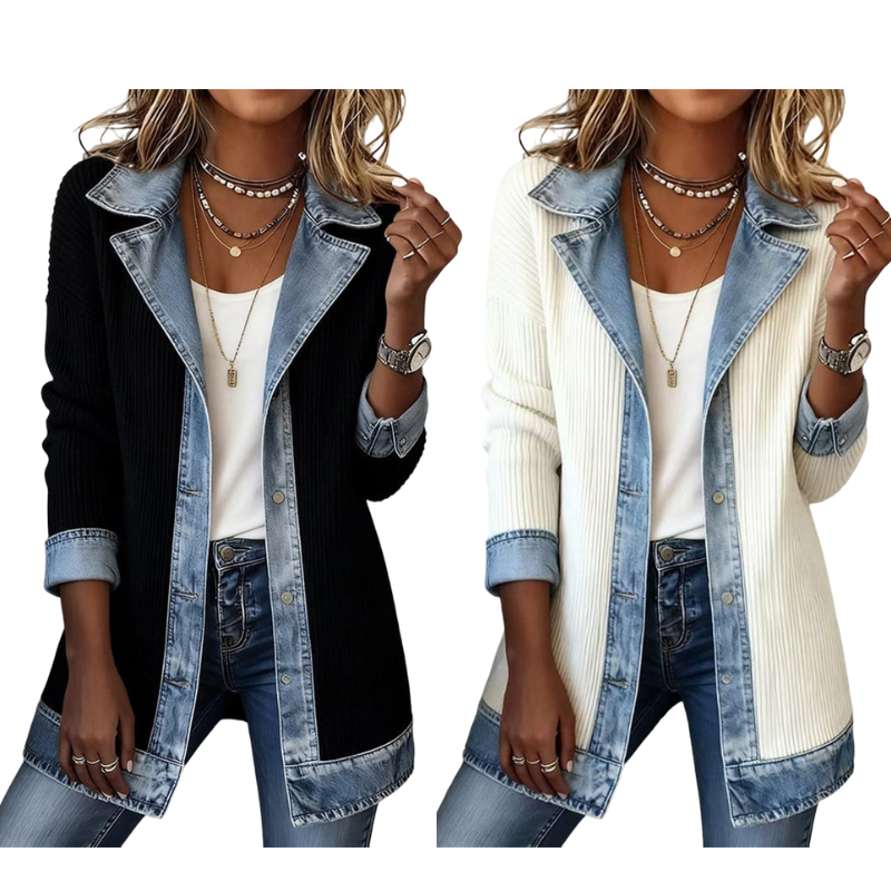 Abrigo de Punto Acanalado Elegante para Mujer con Paneles de Jean