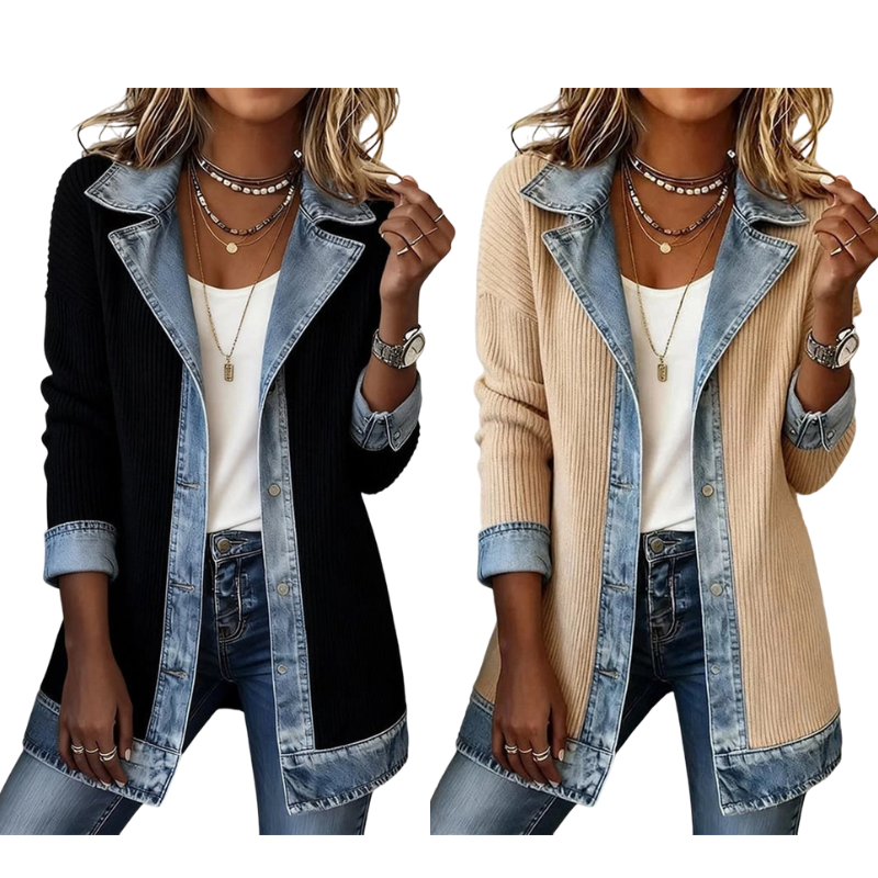 Abrigo de Punto Acanalado Elegante para Mujer con Paneles de Jean