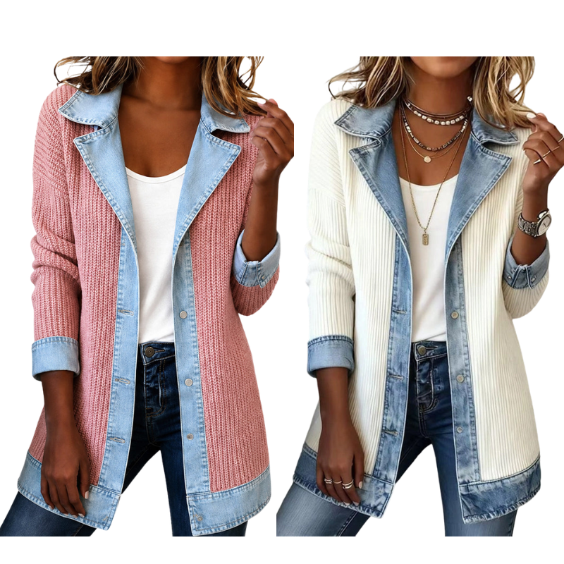 Abrigo de Punto Acanalado Elegante para Mujer con Paneles de Jean