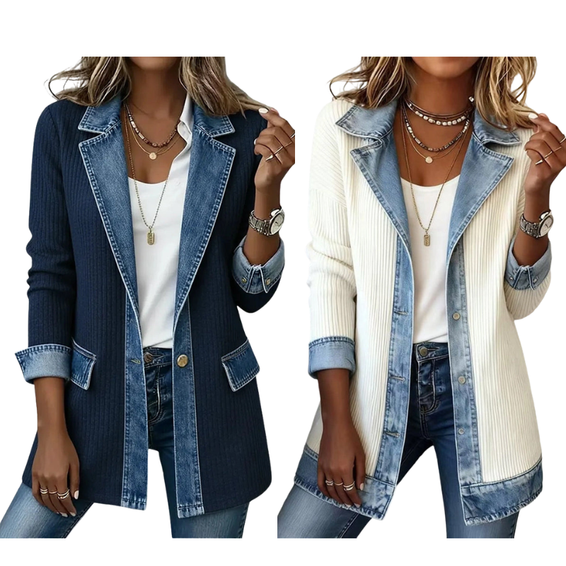 Abrigo de Punto Acanalado Elegante para Mujer con Paneles de Jean