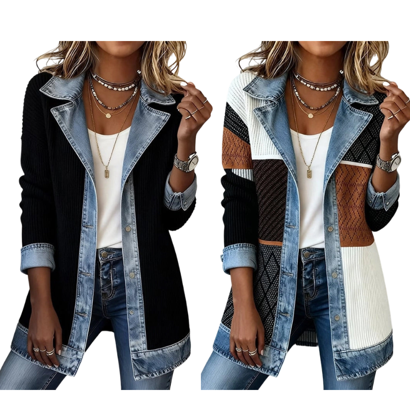 Abrigo de Punto Acanalado Elegante para Mujer con Paneles de Jean