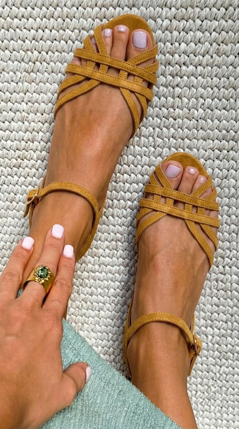 Sandalias planas de cuero ante con hebilla en el tobillo y correas múltiples