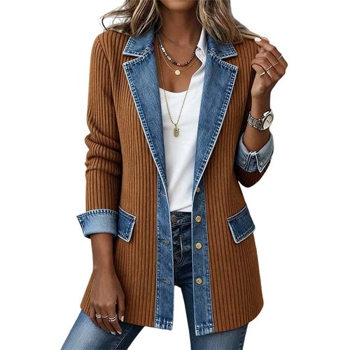 Abrigo de Punto Acanalado Elegante para Mujer con Paneles de Jean