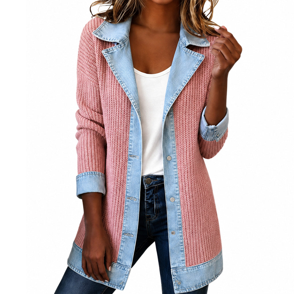 Abrigo de Punto Acanalado Elegante para Mujer con Paneles de Jean
