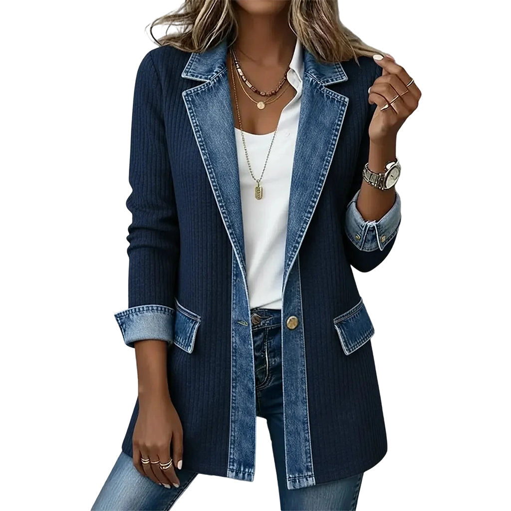 Abrigo de Punto Acanalado Elegante para Mujer con Paneles de Jean